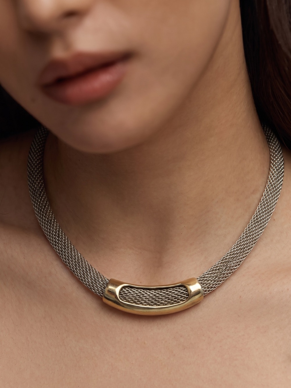 Anthropologie Silver Mesh Collar Necklace with Curved Accent